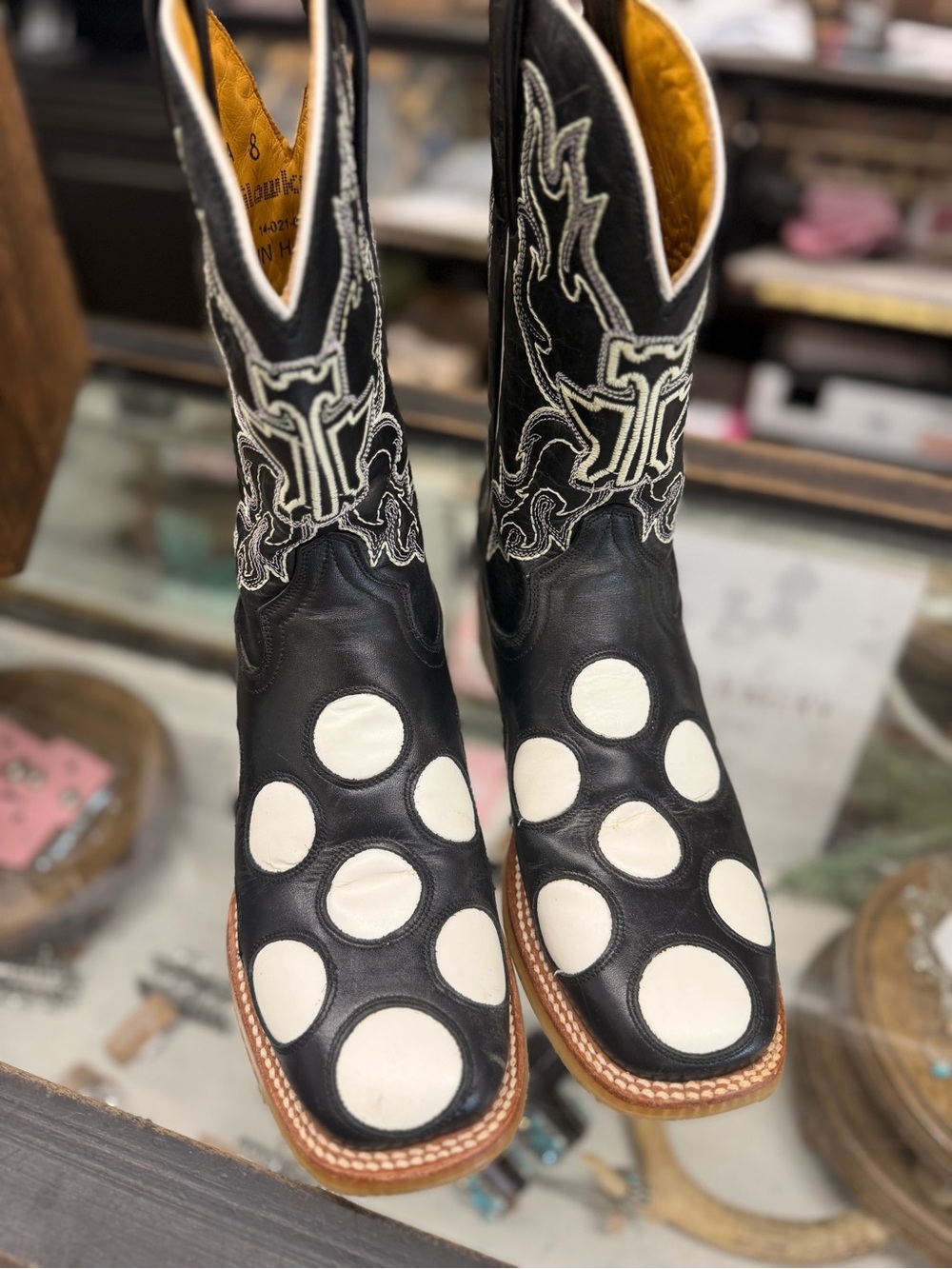 Tin Haul Black Leather Western Boots with White Polka Inlays ladies size 8